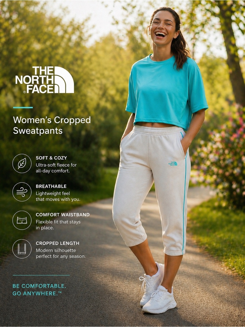 New 🦋 The North Face Ultra Soft Knee-Length Sweats, Gray, Teal Stripes, Petite - Picture 3 of 16
